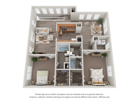 A 3D floor plan of a house with a living room, kitchen, dining room, and bedrooms.